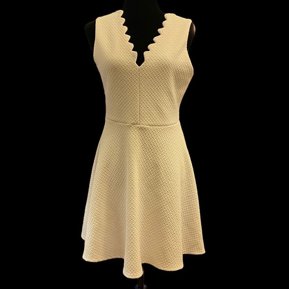 Dee Elle White Textured Skater‎ Fit and Flare Dress with Scalloped Neck Size L